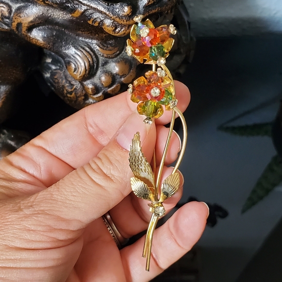 Vintage goldtone wire flowers green orange aurora borealis beads and rhinestone - Picture 5 of 10